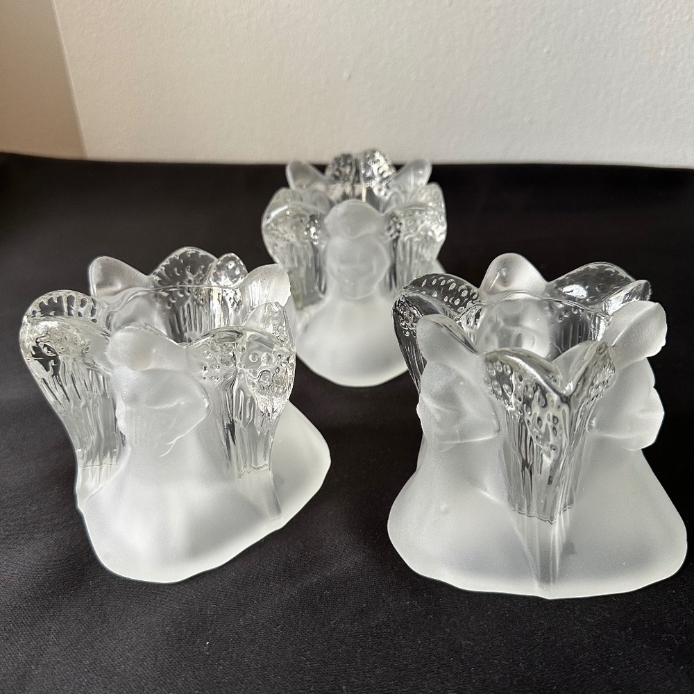 Vintage Crystal Three Sided Frosted Angel Heavy Glass Candle Holder set of 3